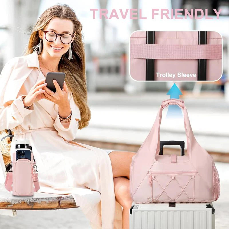 Pink travel yoga tote bag with pockets featuring trolley sleeve on suitcase next to woman using phone