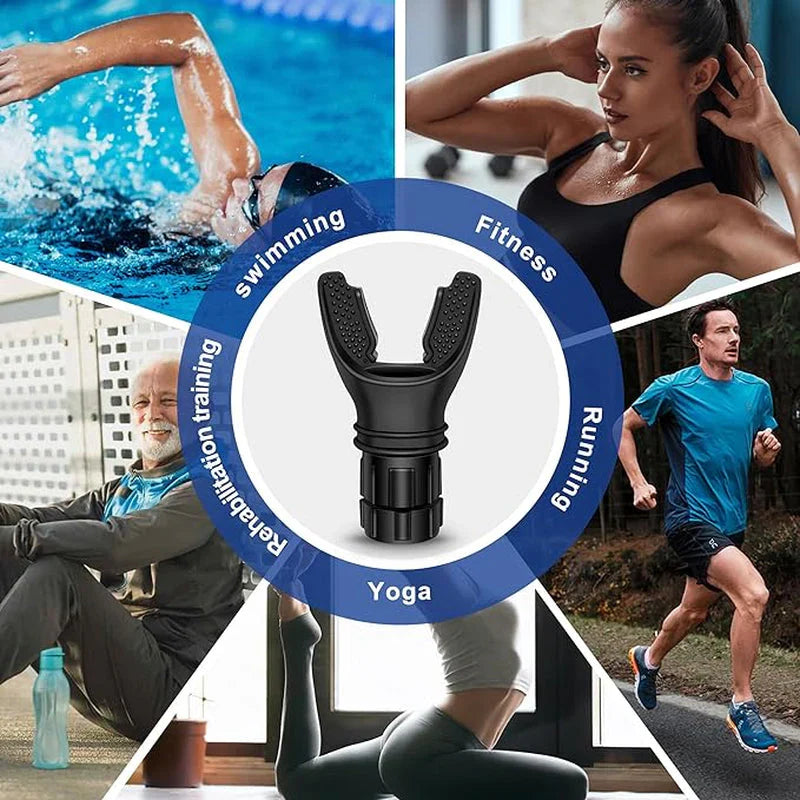 HealthyRealLife portable breathing trainer for lung health showing U shaped mouthpiece and activity uses like running yoga