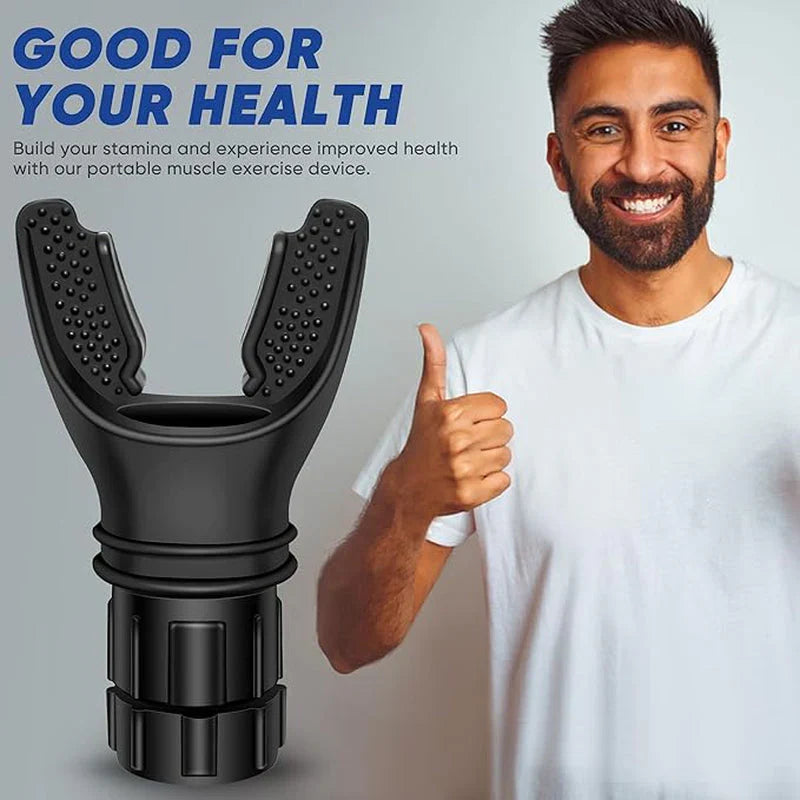 HealthyRealLife portable breathing trainer for lung health with black mouthpiece and user thumbs up