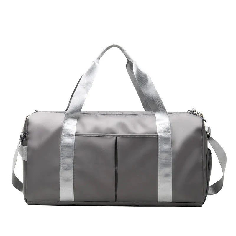 HealthyRealLife waterproof fitness duffel bag in gray with front pockets padded shoulder strap and top handles