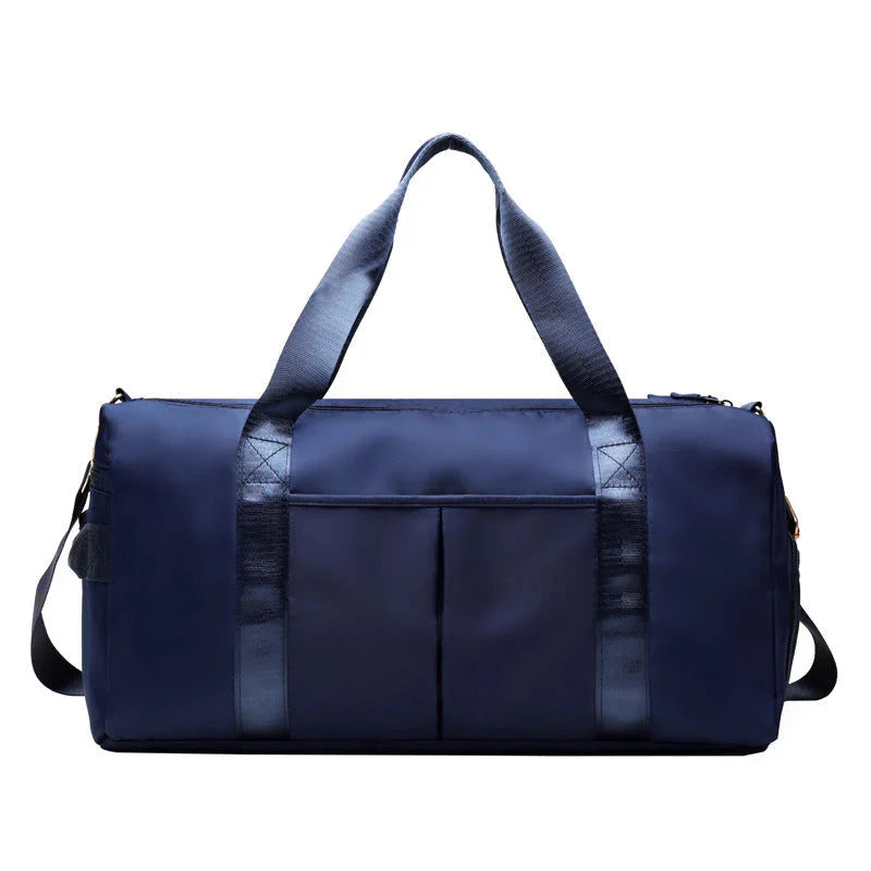 HealthyRealLife navy waterproof fitness duffel bag with dual handles adjustable shoulder strap and front pockets