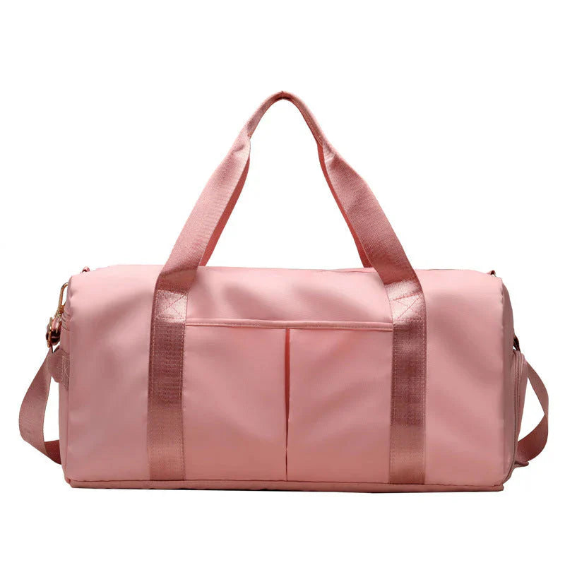 HealthyRealLife pink waterproof fitness duffel bag with dual front pockets shoulder strap and top handles