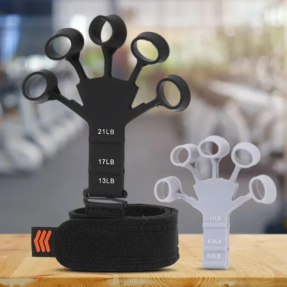 HealthyRealLife black finger exerciser for hand strength with wrist strap and labeled resistance levels 13LB 17LB 21LB