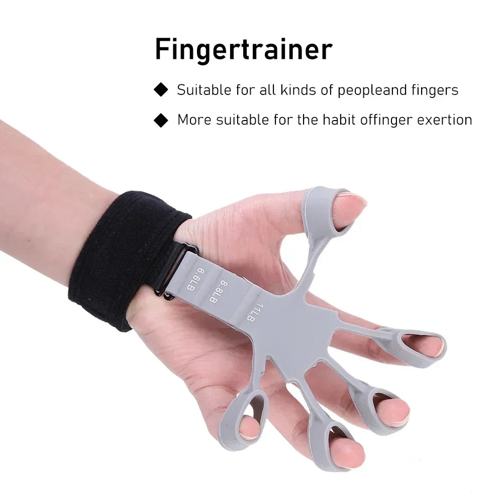 HealthyRealLife gray silicone finger exerciser for hand strength with adjustable black wrist strap on hand