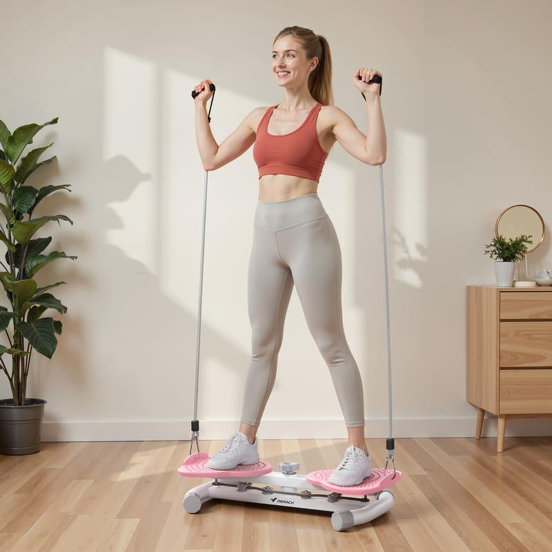 Woman using HealthyRealLife waist twist machine for abs with resistance bands on pink home workout platform