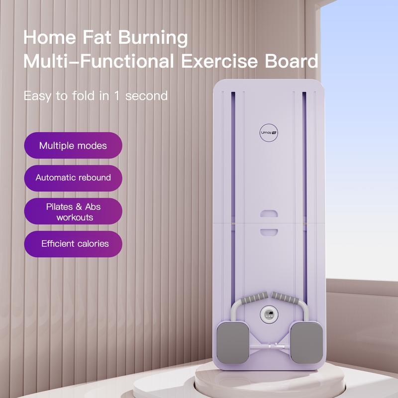 HealthyRealLife multi-functional ab exercise board in pastel purple folded vertically with foot pads and resistance bands