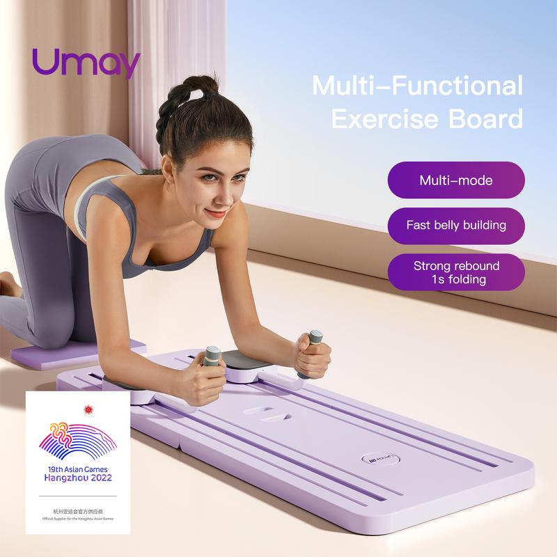 Woman using a purple multi-functional ab exercise board at home doing plank with foam handles for core training