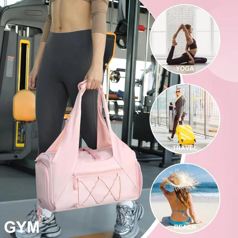 Pink yoga tote bag with pockets carried by woman in gym showing travel beach and yoga uses