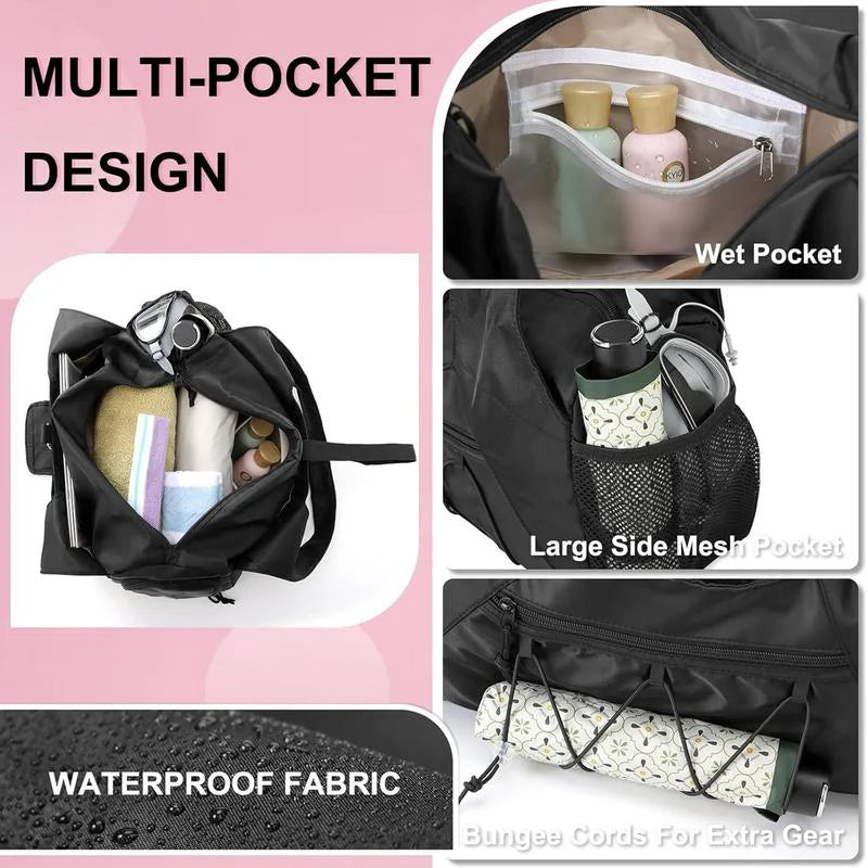 Black waterproof yoga tote bag with pockets showing multi pocket interior wet pocket mesh side pocket and bungee cord storage