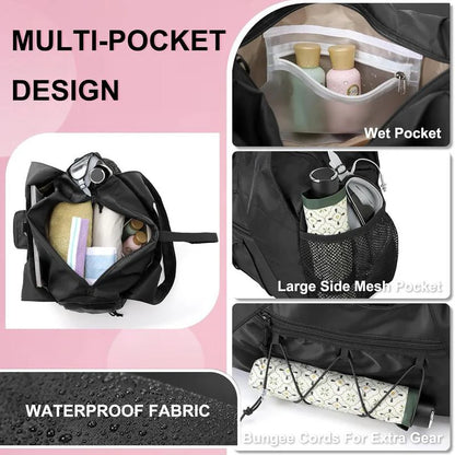 Black waterproof yoga tote bag with pockets showing multi pocket interior wet pocket mesh side pocket and bungee cord storage