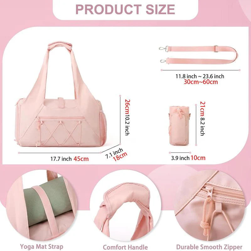Pink yoga tote bag with pockets showing dimensions detachable shoulder strap yoga mat strap and zipper details