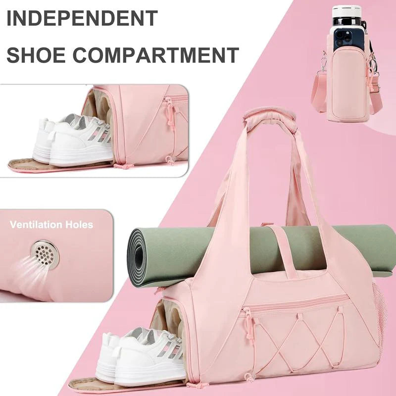 Pink yoga tote bag with pockets featuring mat straps independent shoe compartment ventilation holes and bottle pocket