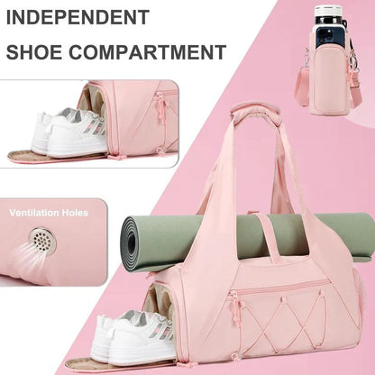 Pink yoga tote bag with pockets featuring mat straps independent shoe compartment ventilation holes and bottle pocket