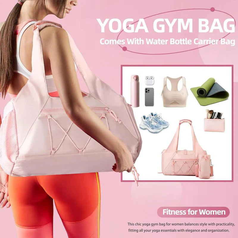 Pink yoga tote bag with pockets carried by woman showing water bottle carrier and workout gear