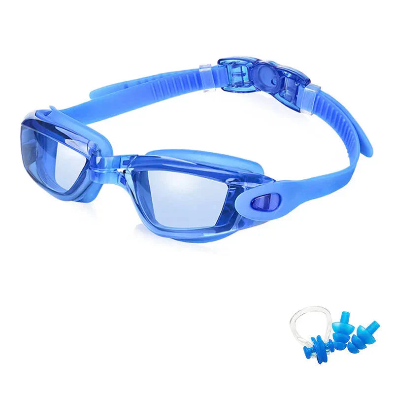 HealthyRealLife blue anti-fog swimming goggles with adjustable strap and included ear plugs for lap and recreational swimming