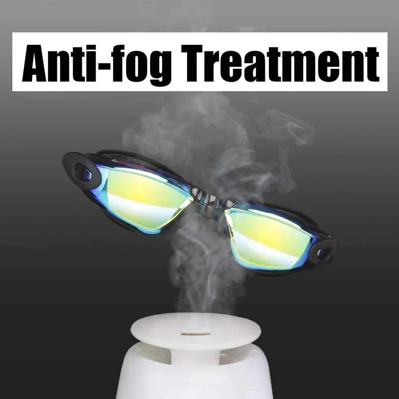 HealthyRealLife anti-fog swimming goggles with mirrored lenses hovering over steam showing anti-fog treatment