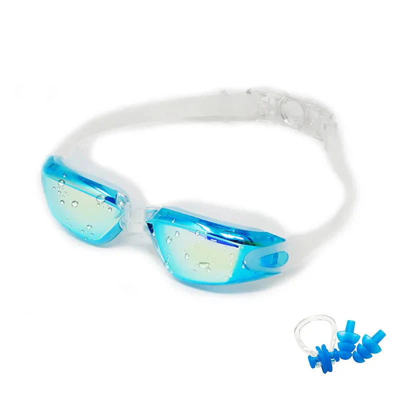 HealthyRealLife blue mirrored anti-fog swimming goggles with clear strap and silicone earplugs