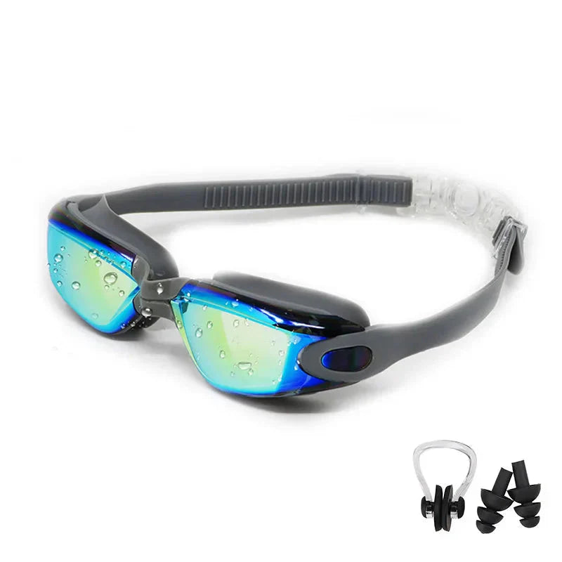 HealthyRealLife anti-fog swimming goggles with blue mirrored lenses adjustable strap nose clip and earplugs