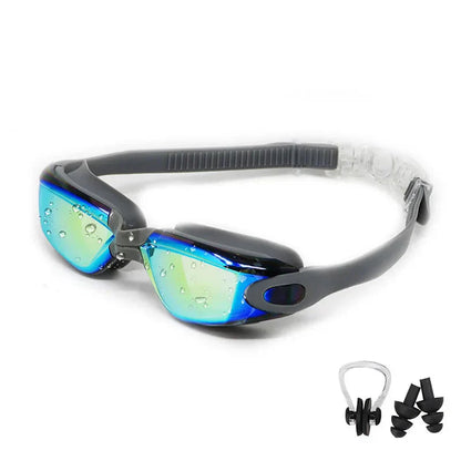 HealthyRealLife anti-fog swimming goggles with blue mirrored lenses adjustable strap nose clip and earplugs