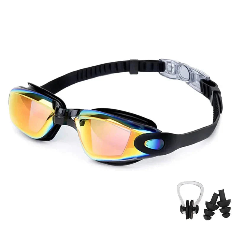 HealthyRealLife anti-fog swimming goggles with mirrored lenses black adjustable strap included nose clip earplugs