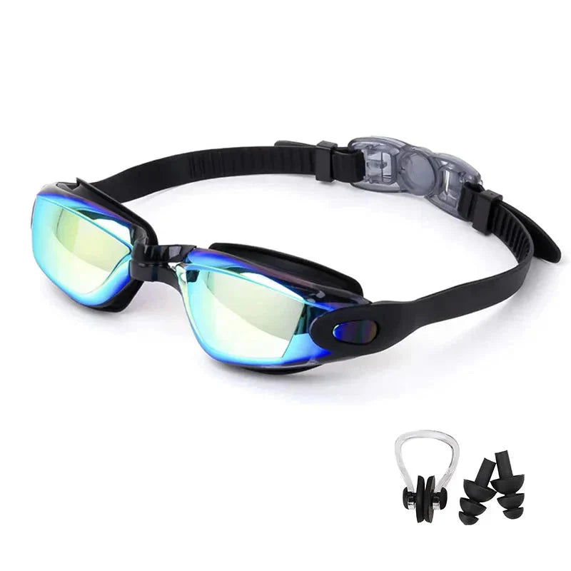 HealthyRealLife anti-fog swimming goggles with blue mirrored lenses adjustable black strap and nose clip
