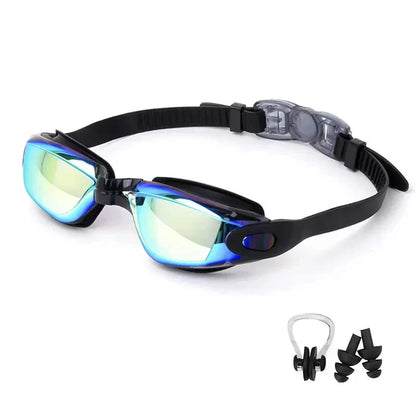 HealthyRealLife anti-fog swimming goggles with blue mirrored lenses adjustable black strap and nose clip
