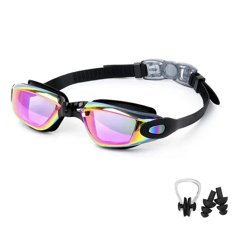 HealthyRealLife anti-fog swimming goggles with mirrored pink lenses adjustable black strap with nose clip and earplugs