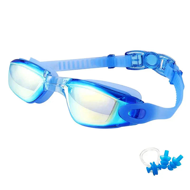 HealthyRealLife blue mirrored anti-fog swimming goggles with adjustable strap and earplugs