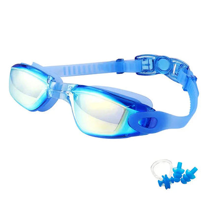 HealthyRealLife blue mirrored anti-fog swimming goggles with adjustable strap and earplugs