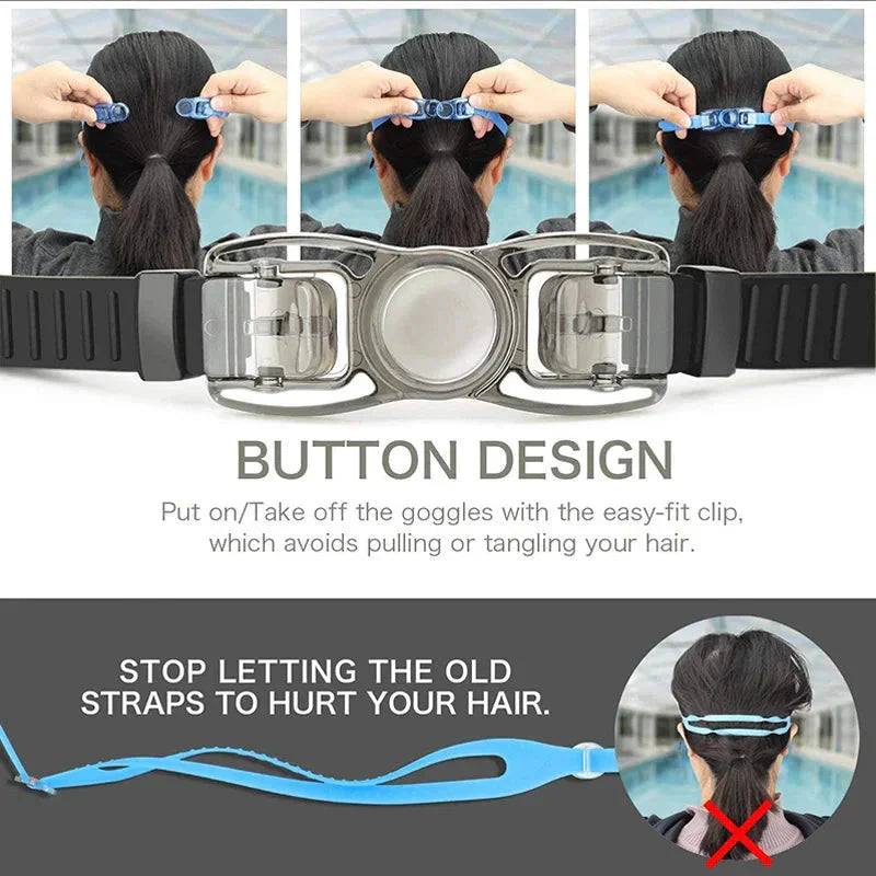 HealthyRealLife anti-fog swimming goggles with easy-fit button clip and hair friendly adjustable strap