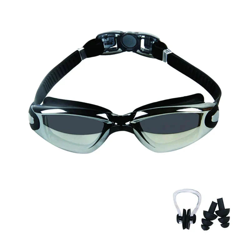 HealthyRealLife black mirrored anti-fog swimming goggles with adjustable strap nose clip and ear plugs
