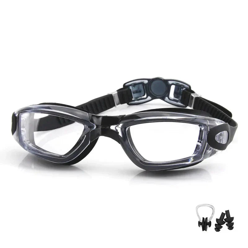 HealthyRealLife anti-fog swimming goggles black frame with adjustable strap and nose clip