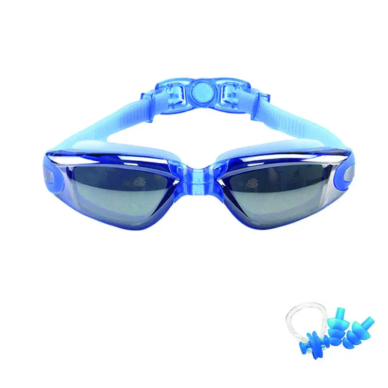 HealthyRealLife blue adjustable anti-fog swimming goggles with tinted lenses silicone seal and earplugs