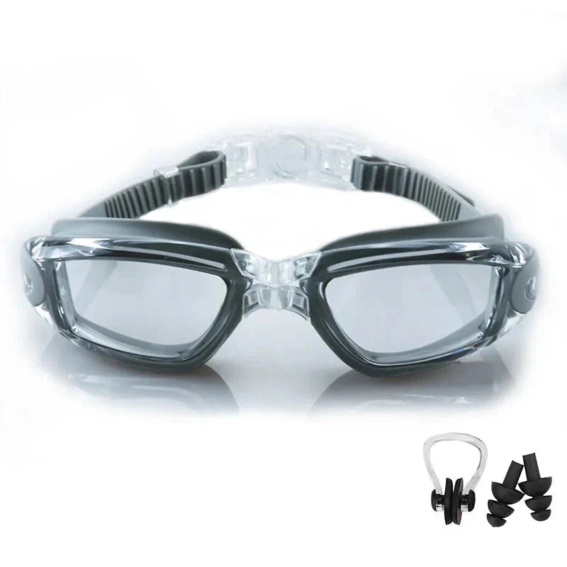 HealthyRealLife anti-fog swimming goggles in gray with adjustable strap silicone seal nose clip and earplugs