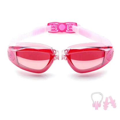 HealthyRealLife pink tinted anti-fog swimming goggles with adjustable silicone strap nose clip and earplugs