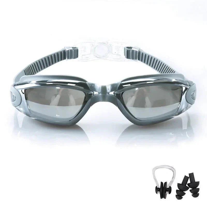 HealthyRealLife anti-fog swimming goggles gray tinted lenses adjustable silicone strap with nose clip and ear plugs