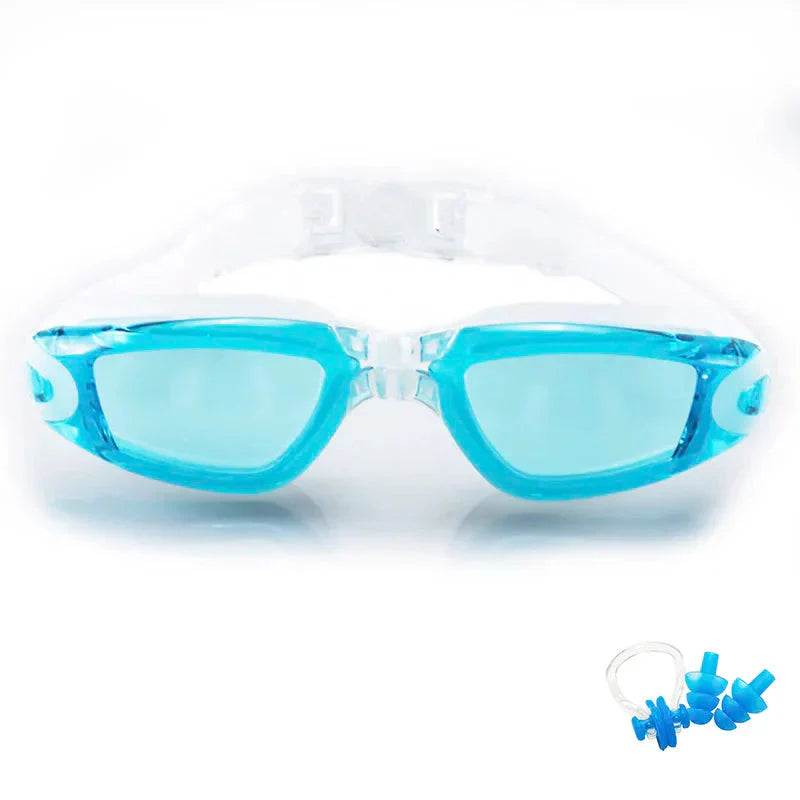 HealthyRealLife turquoise and clear swim goggles with adjustable strap and earplugs anti-fog swimming goggles