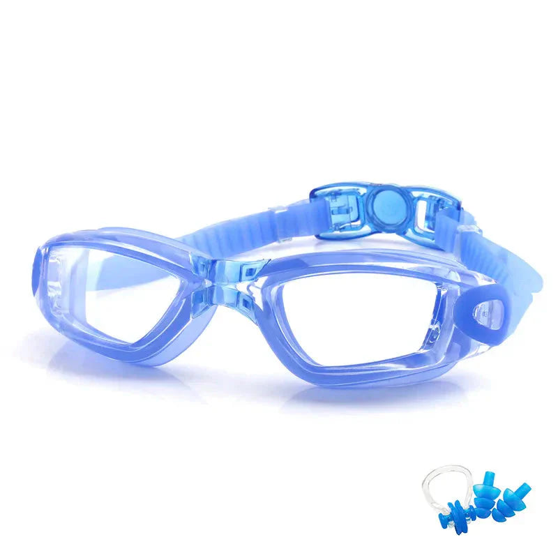 HealthyRealLife blue anti-fog swimming goggles with adjustable strap and clear lenses plus earplugs