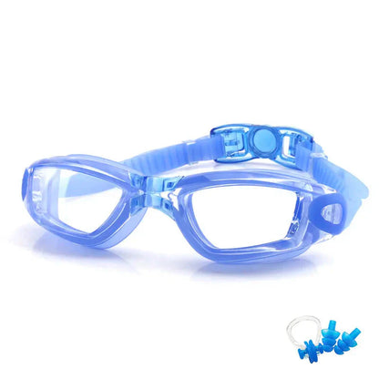 HealthyRealLife blue anti-fog swimming goggles with adjustable strap and clear lenses plus earplugs