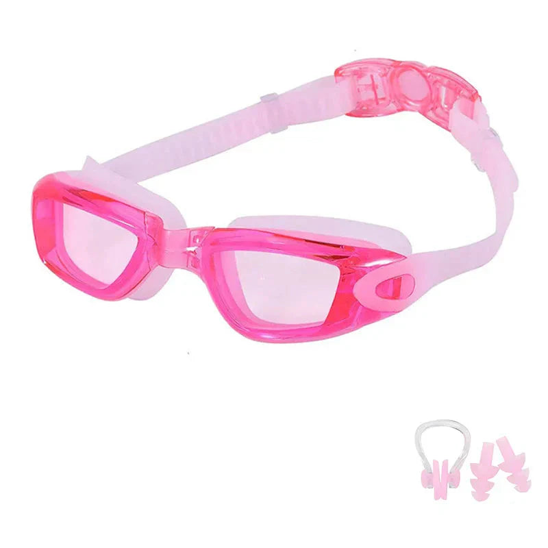 HealthyRealLife pink adjustable anti-fog swimming goggles with soft silicone seal nose clip and earplugs