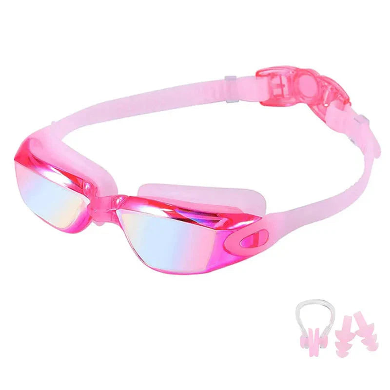 HealthyRealLife pink mirrored anti-fog swimming goggles with adjustable strap and included nose clip and earplugs