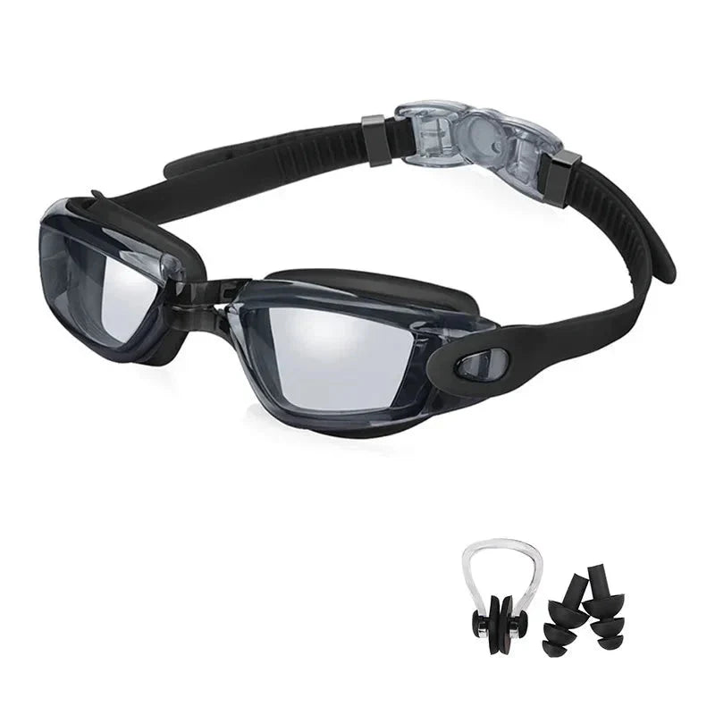 HealthyRealLife anti-fog swimming goggles smoke gray adjustable strap soft seal nose clip earplugs