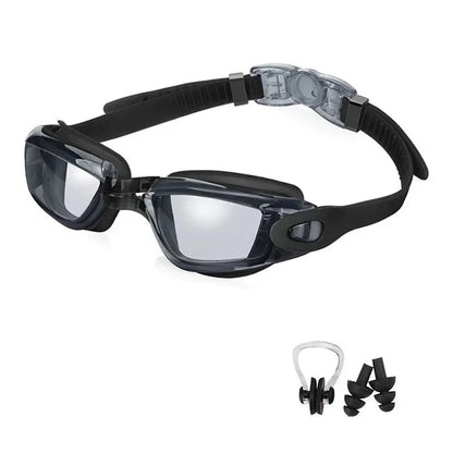HealthyRealLife anti-fog swimming goggles smoke gray adjustable strap soft seal nose clip earplugs