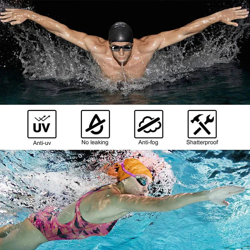 HealthyRealLife anti-fog swimming goggles pictured on male and female swimmers with anti UV no leaking and shatterproof icons