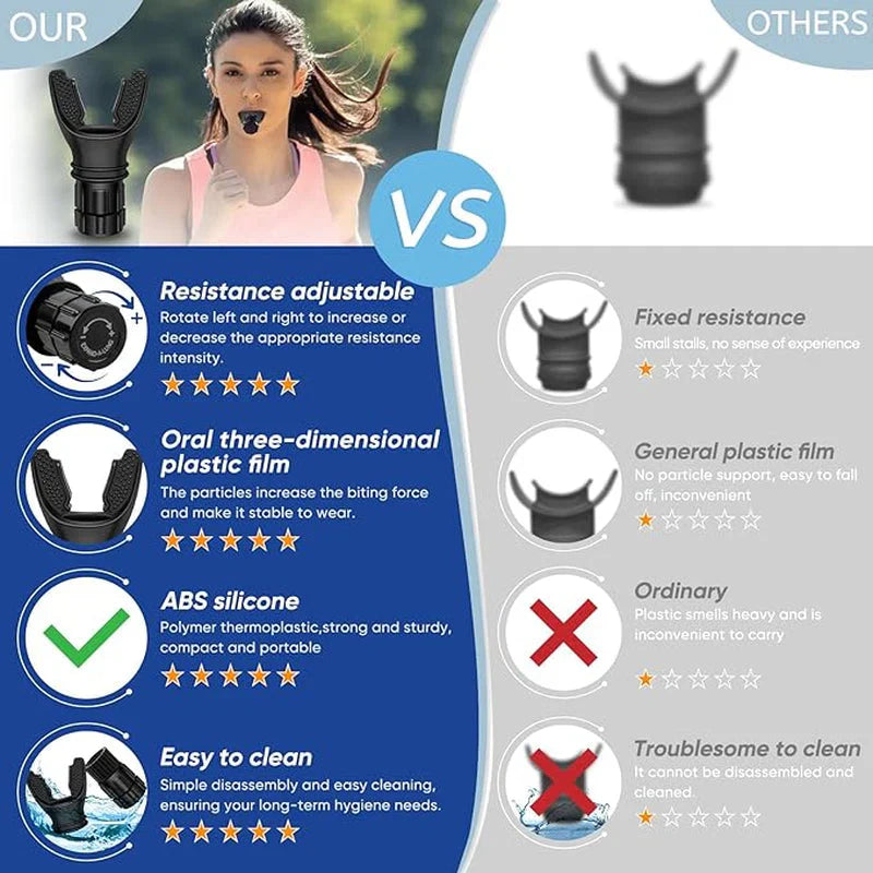 HealthyRealLife portable breathing trainer for lung health mouthpiece with adjustable resistance and comparison chart