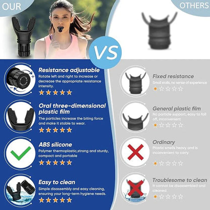 HealthyRealLife portable breathing trainer for lung health mouthpiece with adjustable resistance and comparison chart