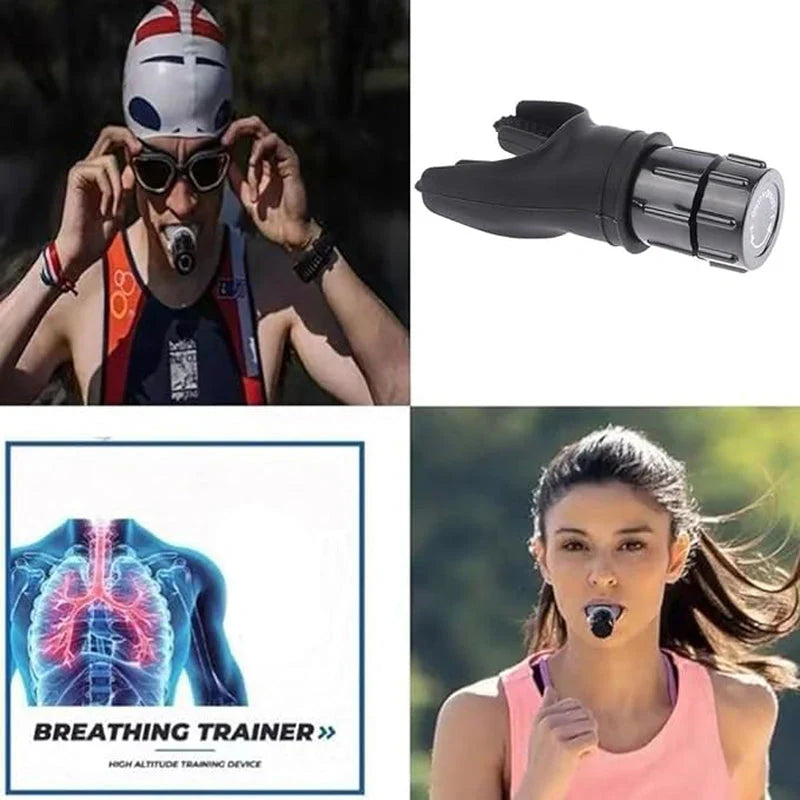 HealthyRealLife portable breathing trainer for lung health showing mouthpiece device athletes and lung diagram