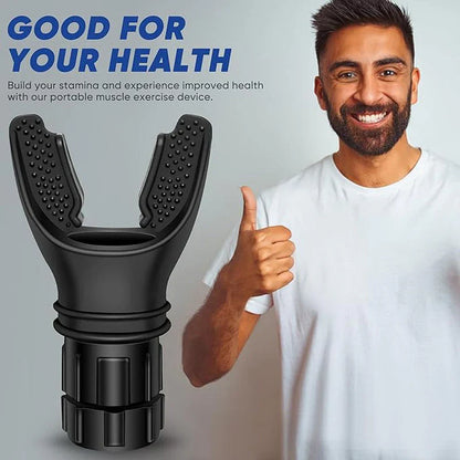 HealthyRealLife portable breathing trainer for lung health with black mouthpiece and user thumbs up
