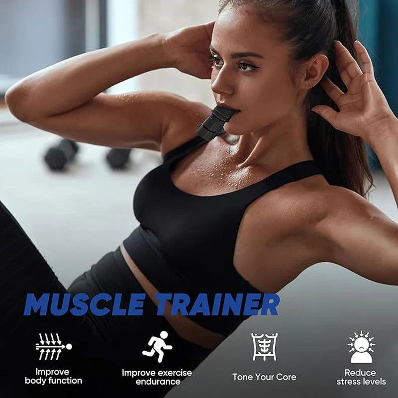 Fit woman using a portable breathing trainer for lung health during core workout to improve endurance