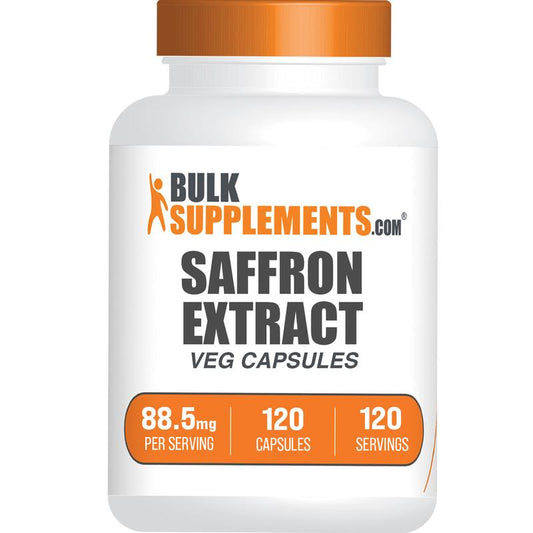 HealthyRealLife white bottle with orange cap of saffron extract capsules 120 count label 88.5 mg per serving